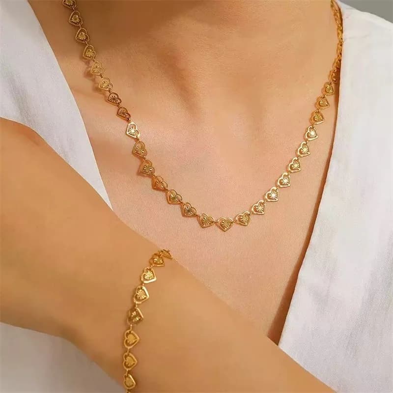 Heart Chain Necklace and Bracelet Set, Stainless Steel