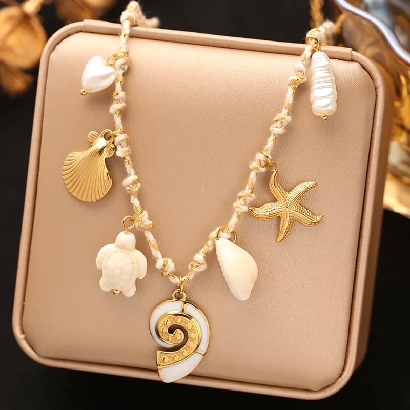 Multiple Charms Pendant Necklace, 18K Gold PVD