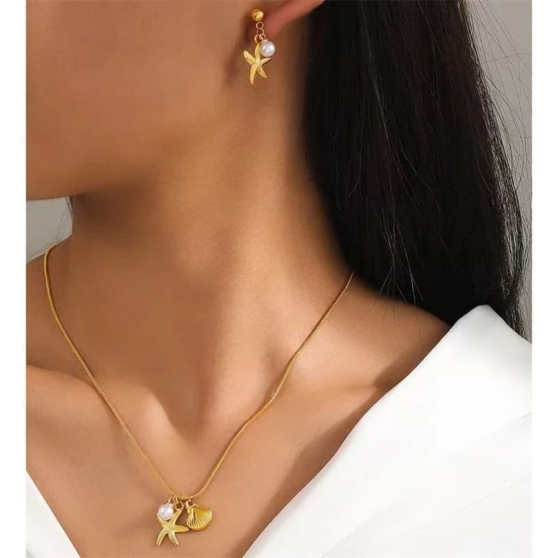 Starfish Pearl Shell Necklace and Earrings Set