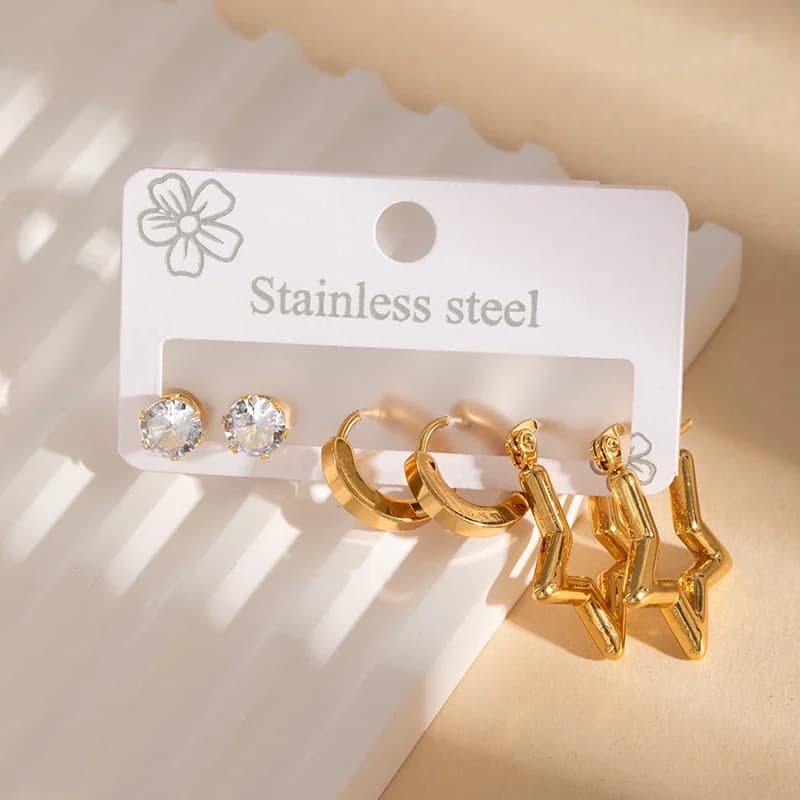 3-Pair Zircon Star Stud Earring Set