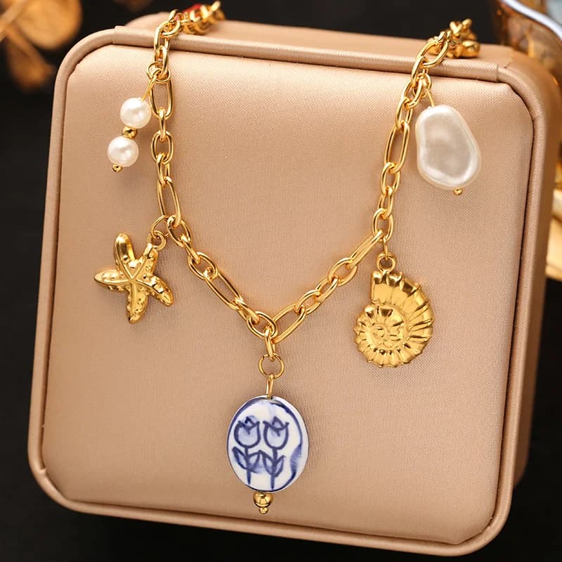 Multiple Charms Pendant Necklace, 18K Gold PVD