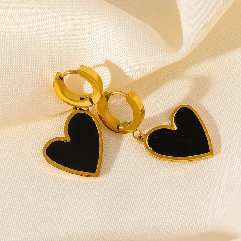 316L Stainless Steel Black Heart Dangle Earrings