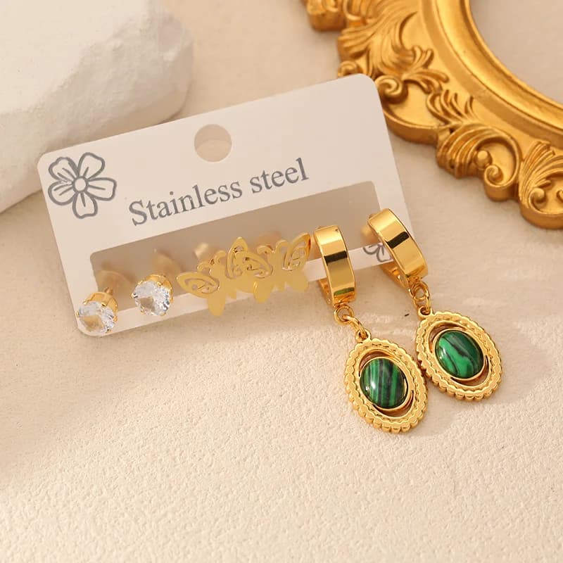 3-Pair Oval Green Stone Butterfly Stud Earring Set