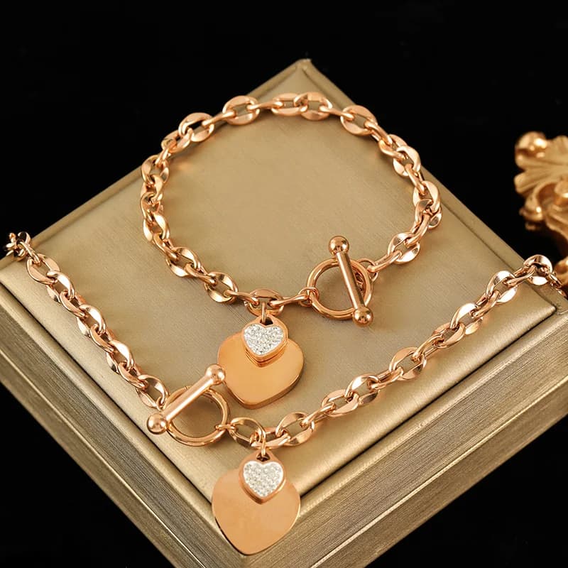 Double Heart Necklace and Bracelet Set, Silver
