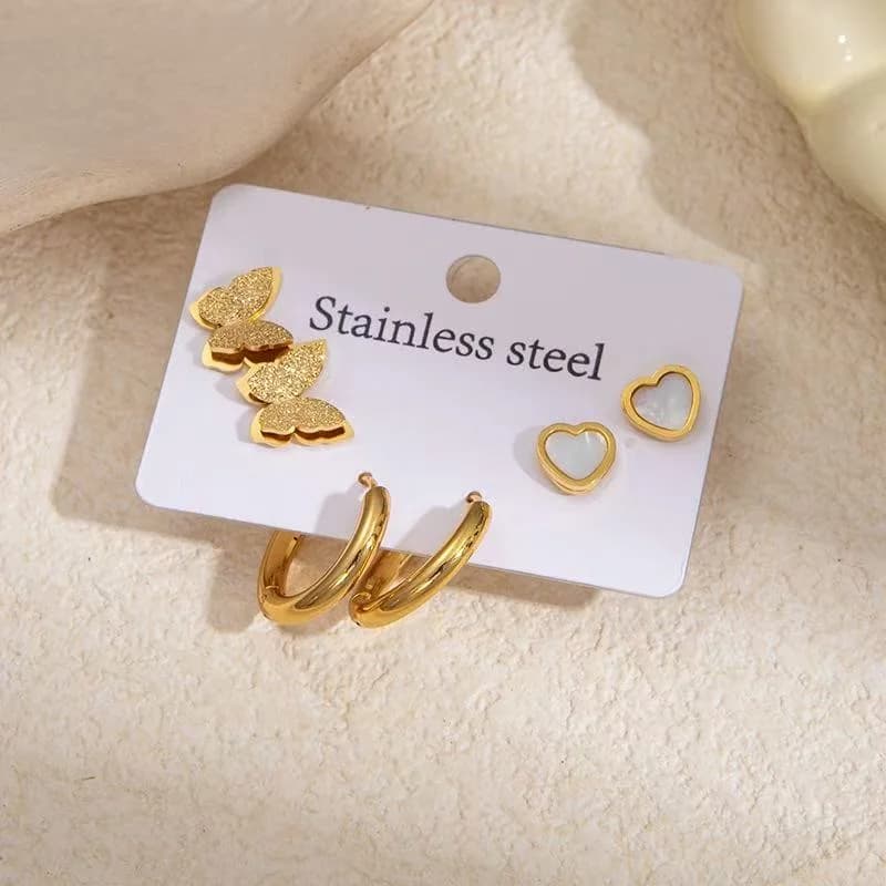 3-Pair Butterfly Heart Hoop Stud Earring Set