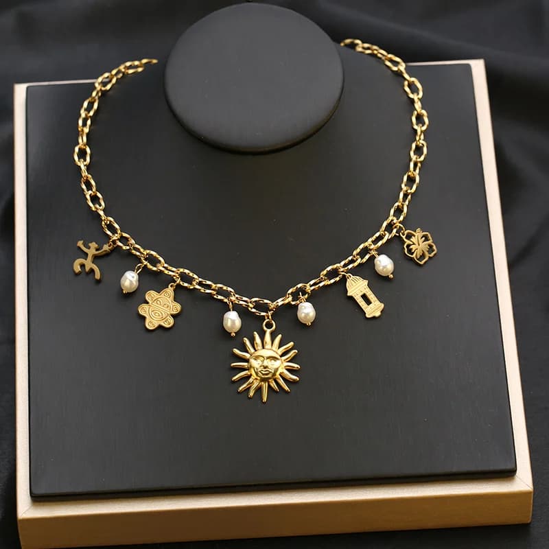 Gold Starfish Shell Sun Pendant Necklace