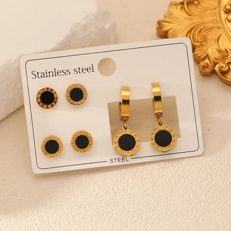 3-Pair Round Black Roman Numeral Earrings Set
